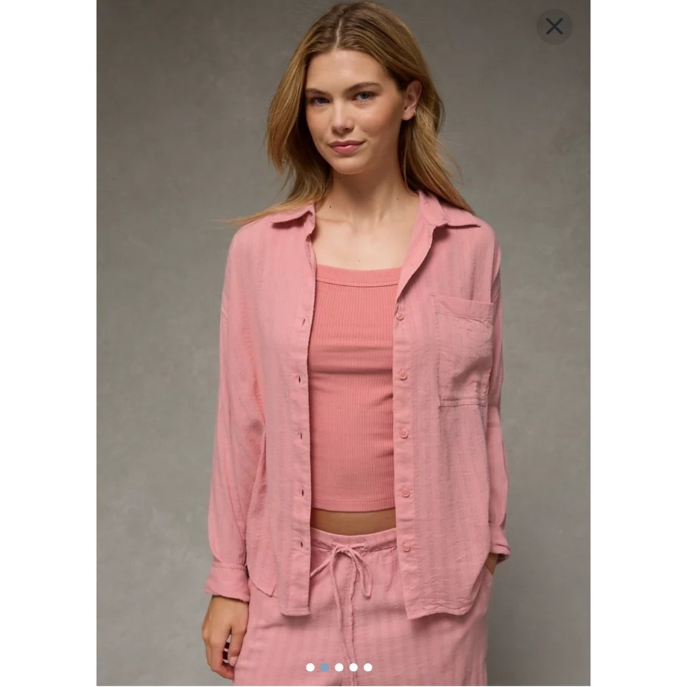 American Eagle‎ Pink Textured Dobby Stripe Button Down Shirt XS Relaxed Fit